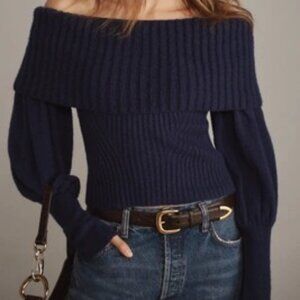 Anthropologie NEW Off the Shoulder Sweater Navy Blue Tessa Puff Sleeve S Petite